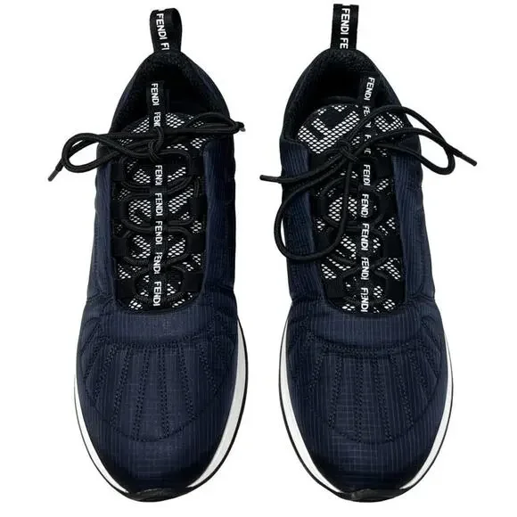 Fendi Trainers Navy Blue Quilted Nylon FFreedom‎ Logo White Sole Sneakers- 37.5